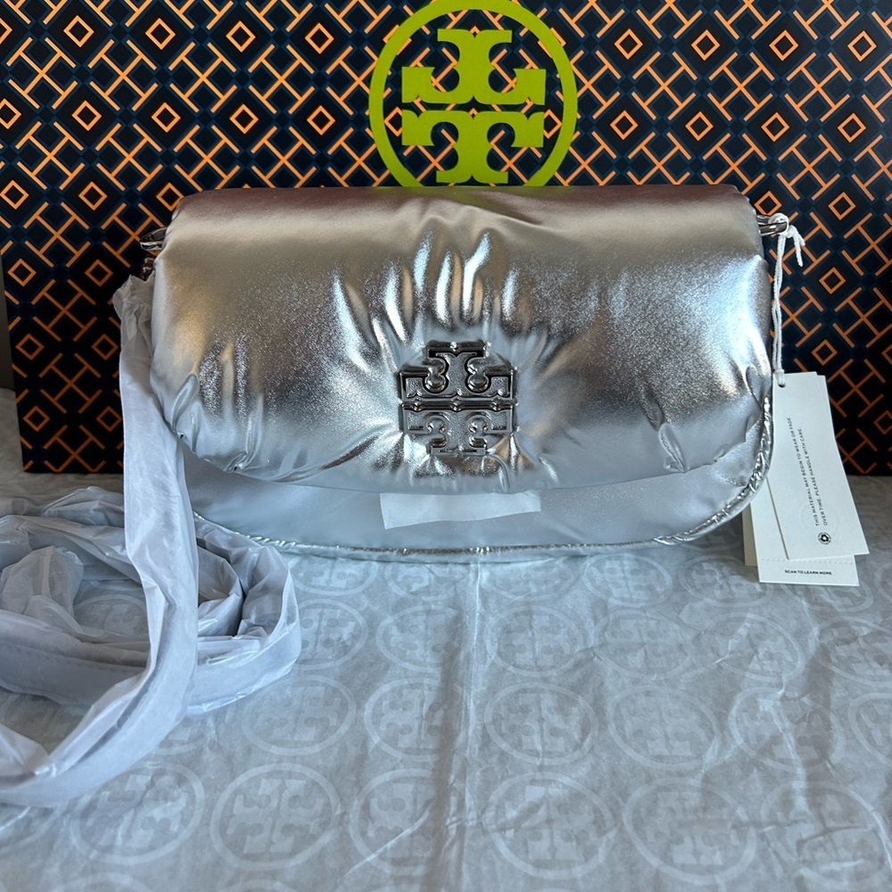 Tory Burch Britten Metallic Puffy Convertible Crossbody Bag Silver